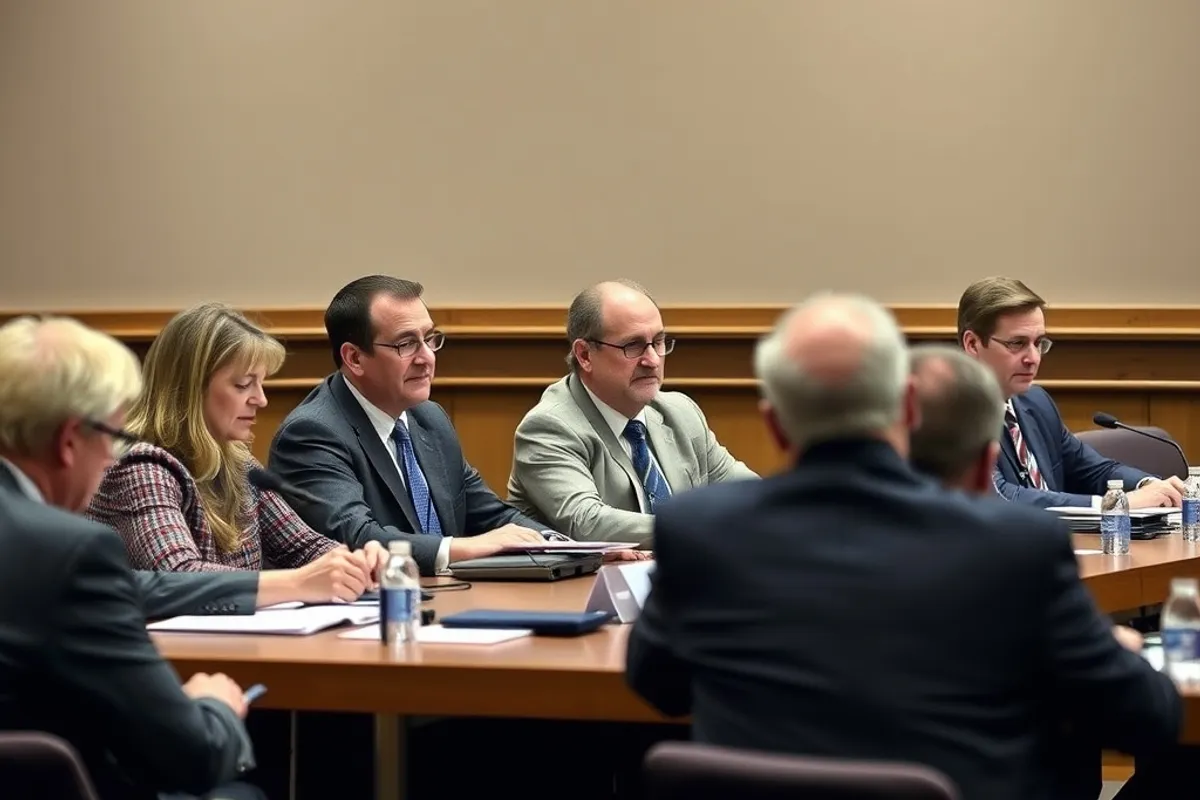 Council members seated at a long table during a budget hearing