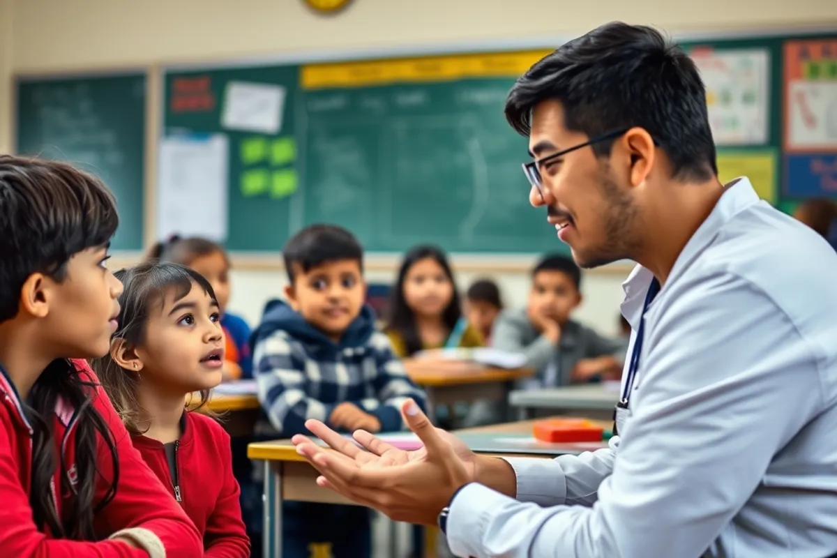 Teacher working with students in a public school classroom