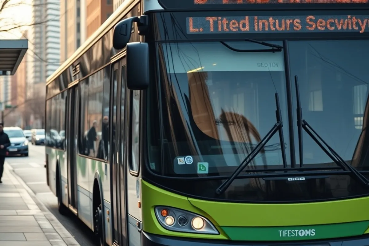 City bus arriving at a stop during morning commuter hours