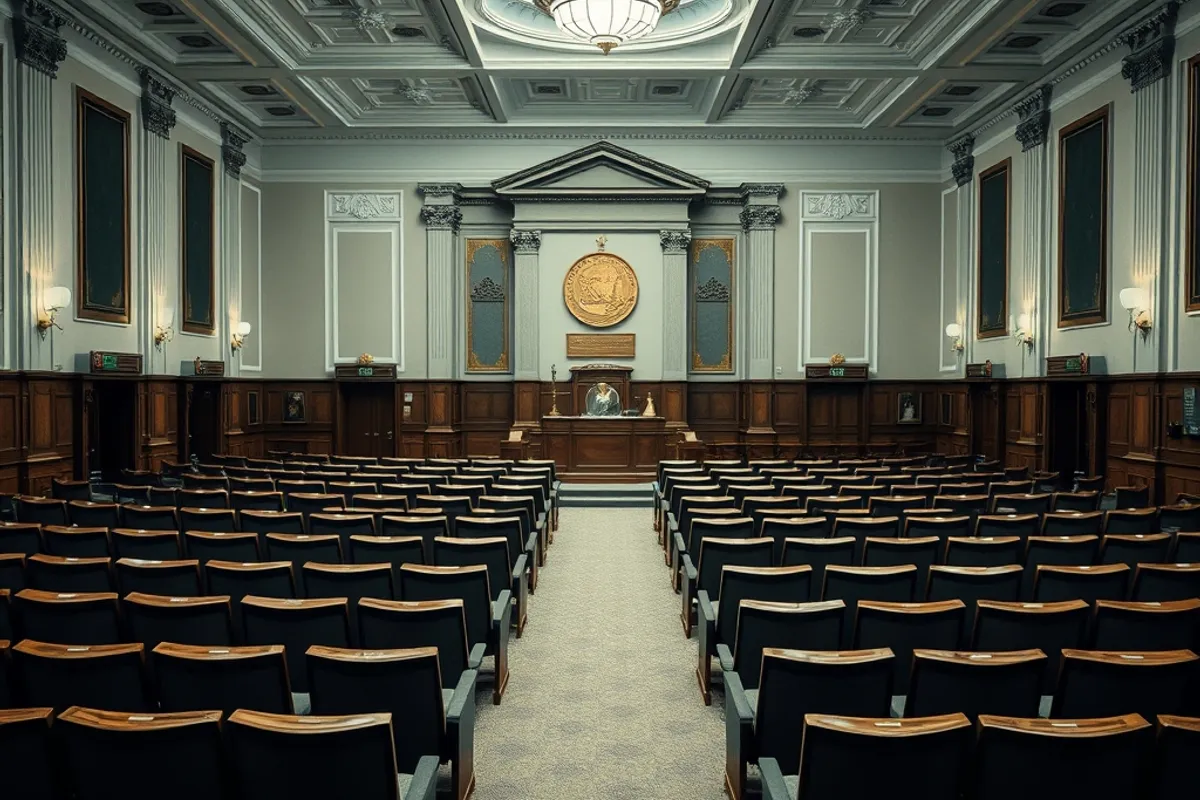 Town hall council chamber with empty public seating before a meeting