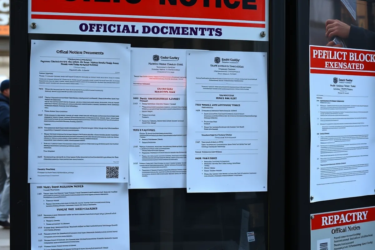 Public notice board with official documents and meeting schedules