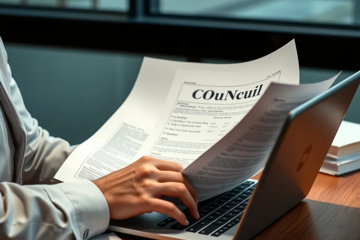 Journalist reviewing council documents on a laptop at a desk