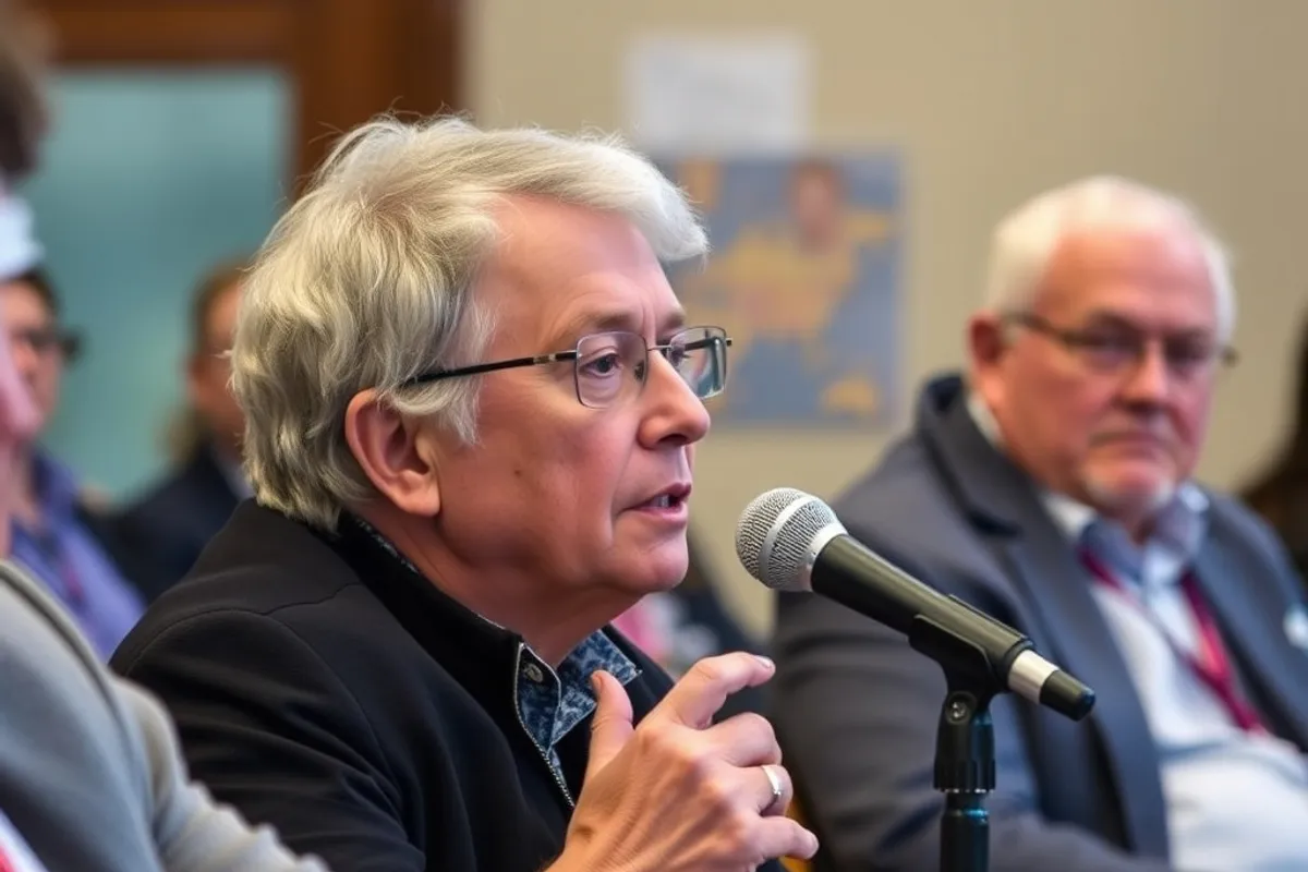 Resident speaking at a microphone during a public consultation meeting
