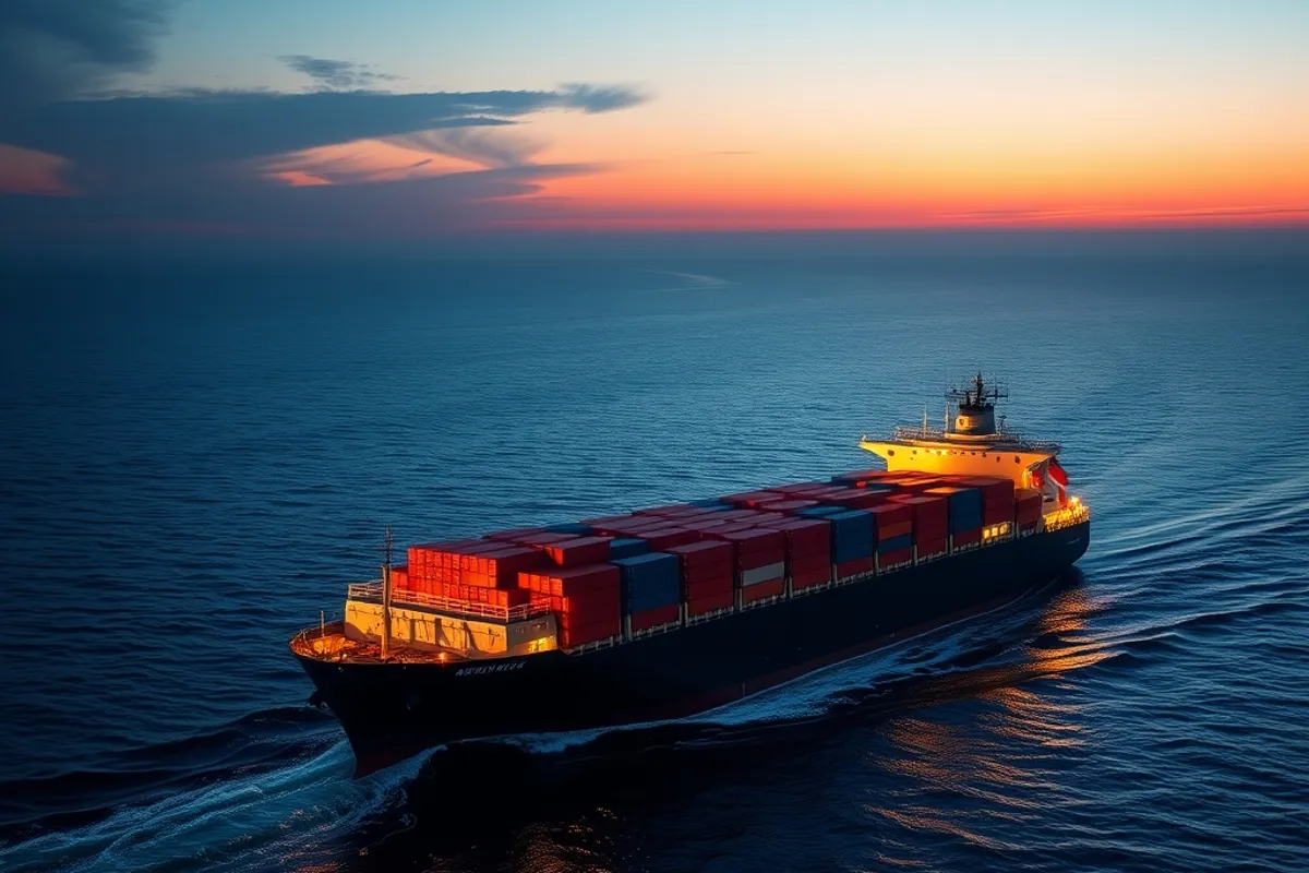 Container ship loaded with cargo crossing open water at dawn