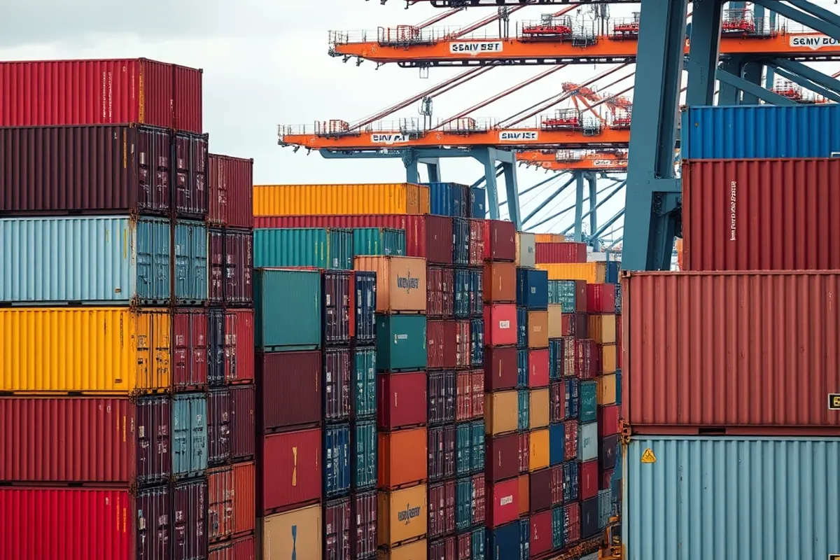 Stacks of colorful shipping containers at a busy port terminal