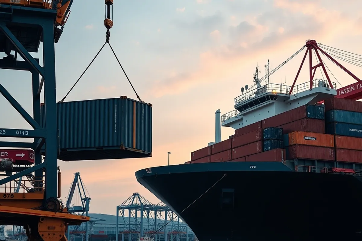 Crane loading a container onto a cargo ship at port
