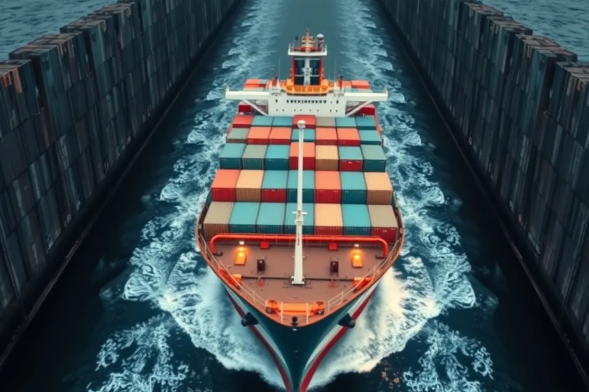 Cargo ship sailing through a narrow shipping channel