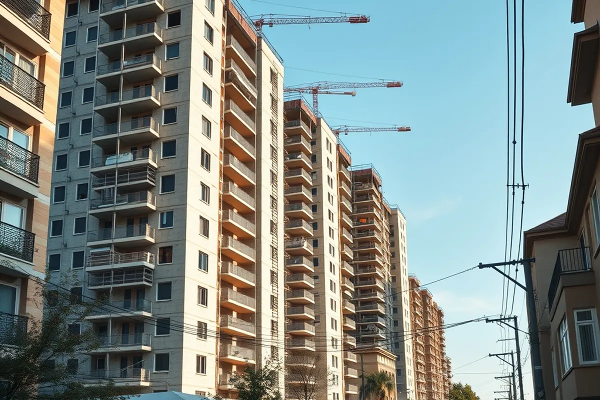 New apartment buildings under construction beside an older residential street