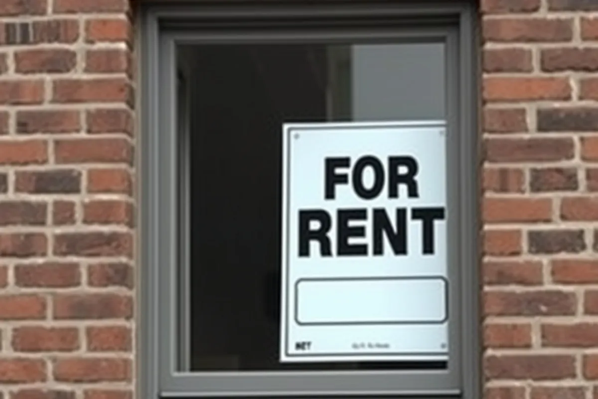 For rent sign in the window of a brick apartment building