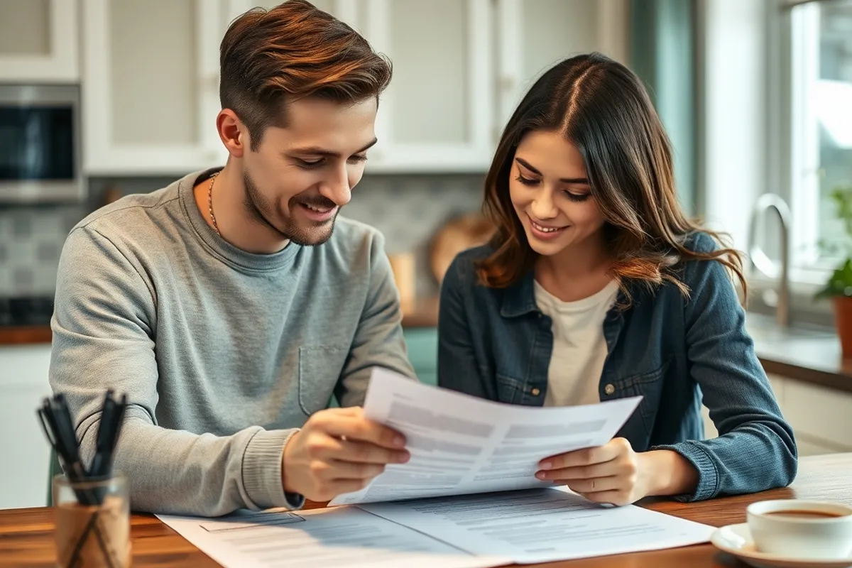 Young couple reviewing a lease agreement at a kitchen table