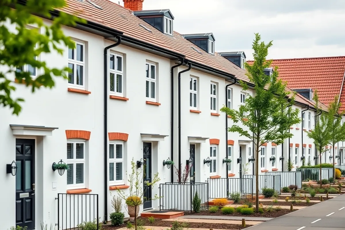 Row of newly completed townhouses with small front gardens