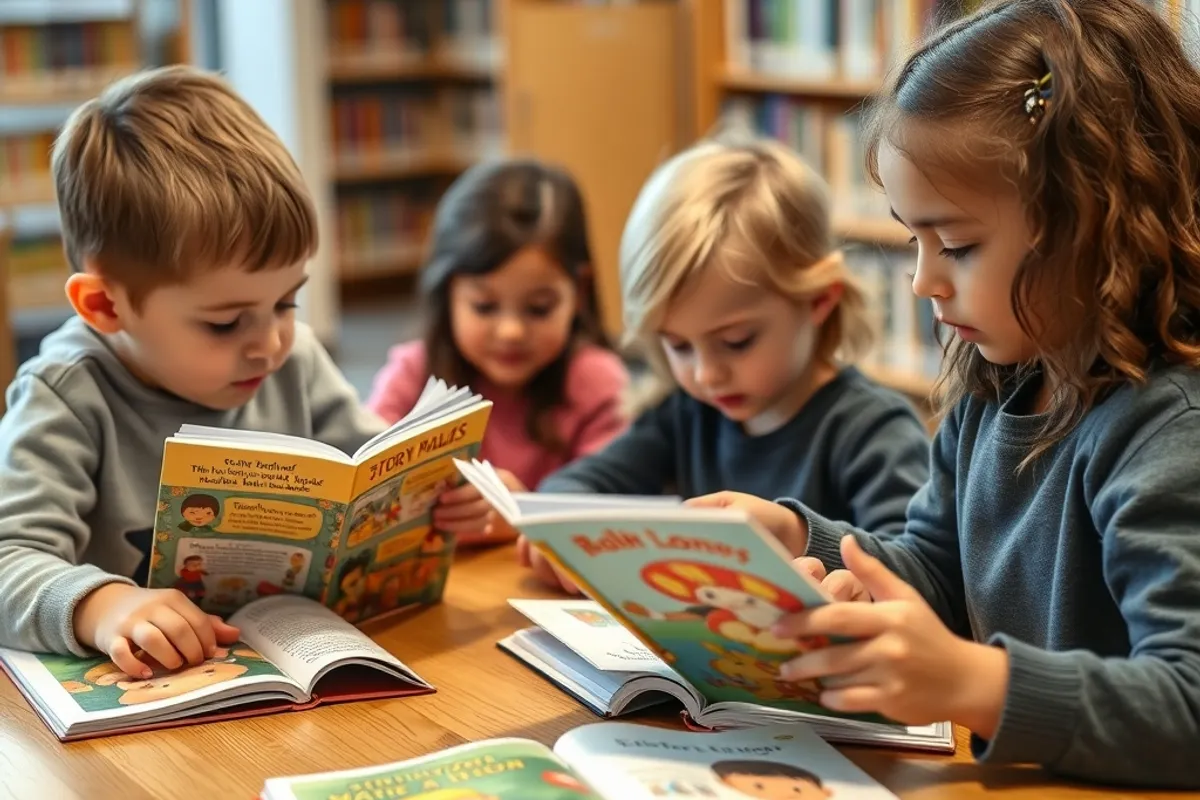 Children reading picture books at a table during a library story hour