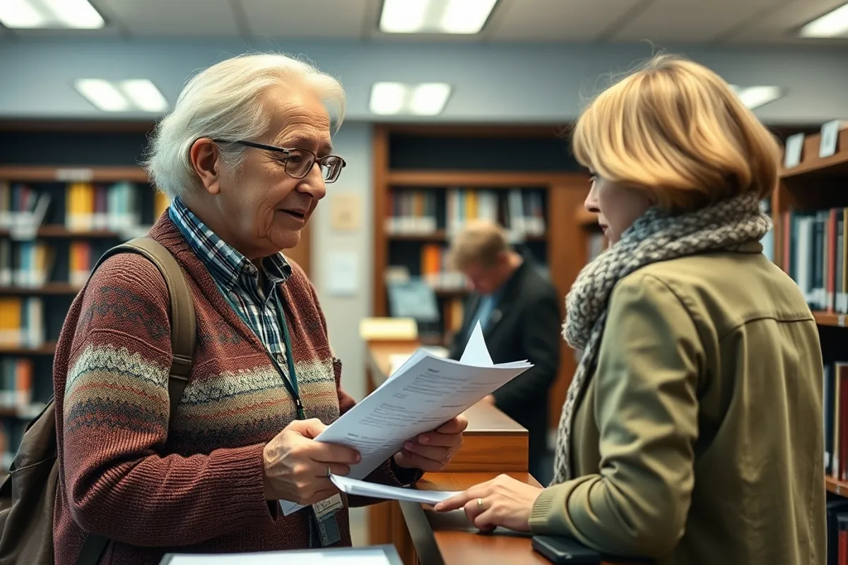 Older volunteer at a library front desk helping a visitor with a form