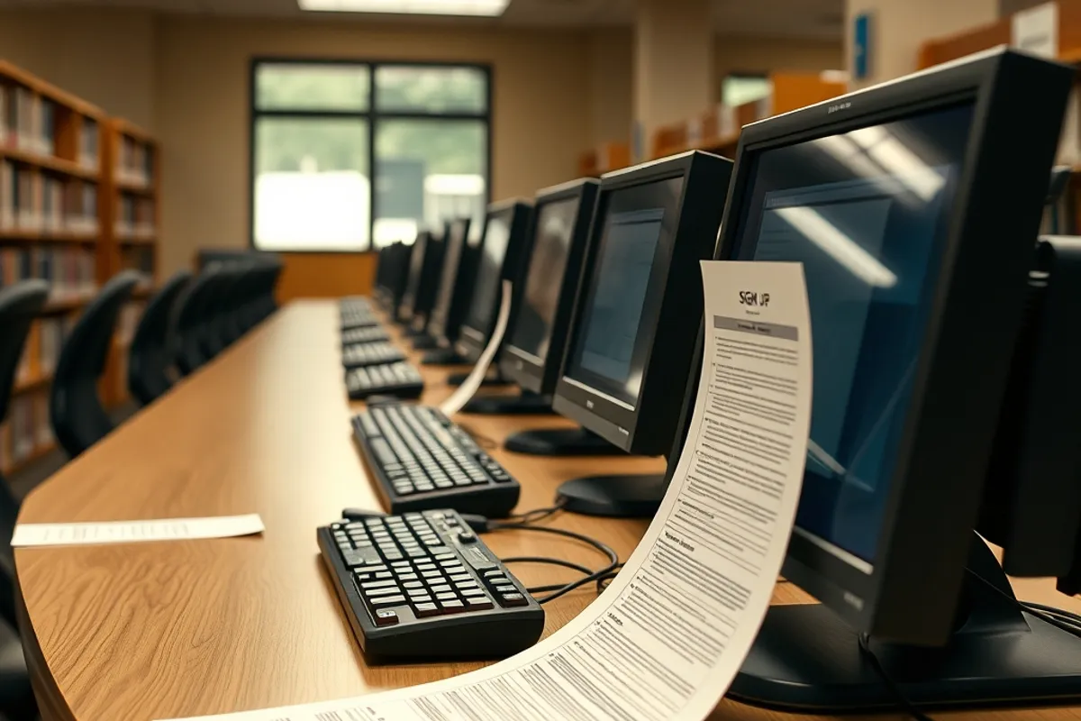 Row of computers in a public library with a sign-up sheet nearby