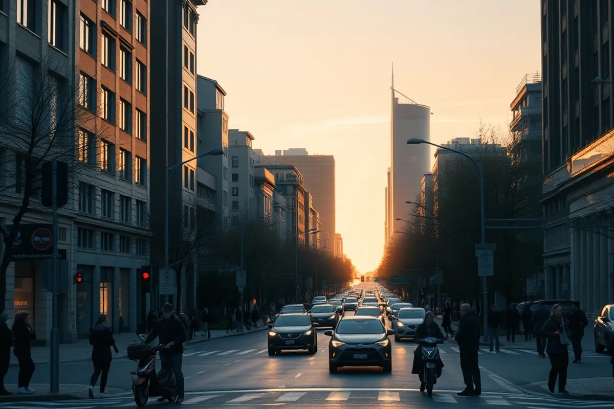 City street at sunrise with commuters and light morning traffic