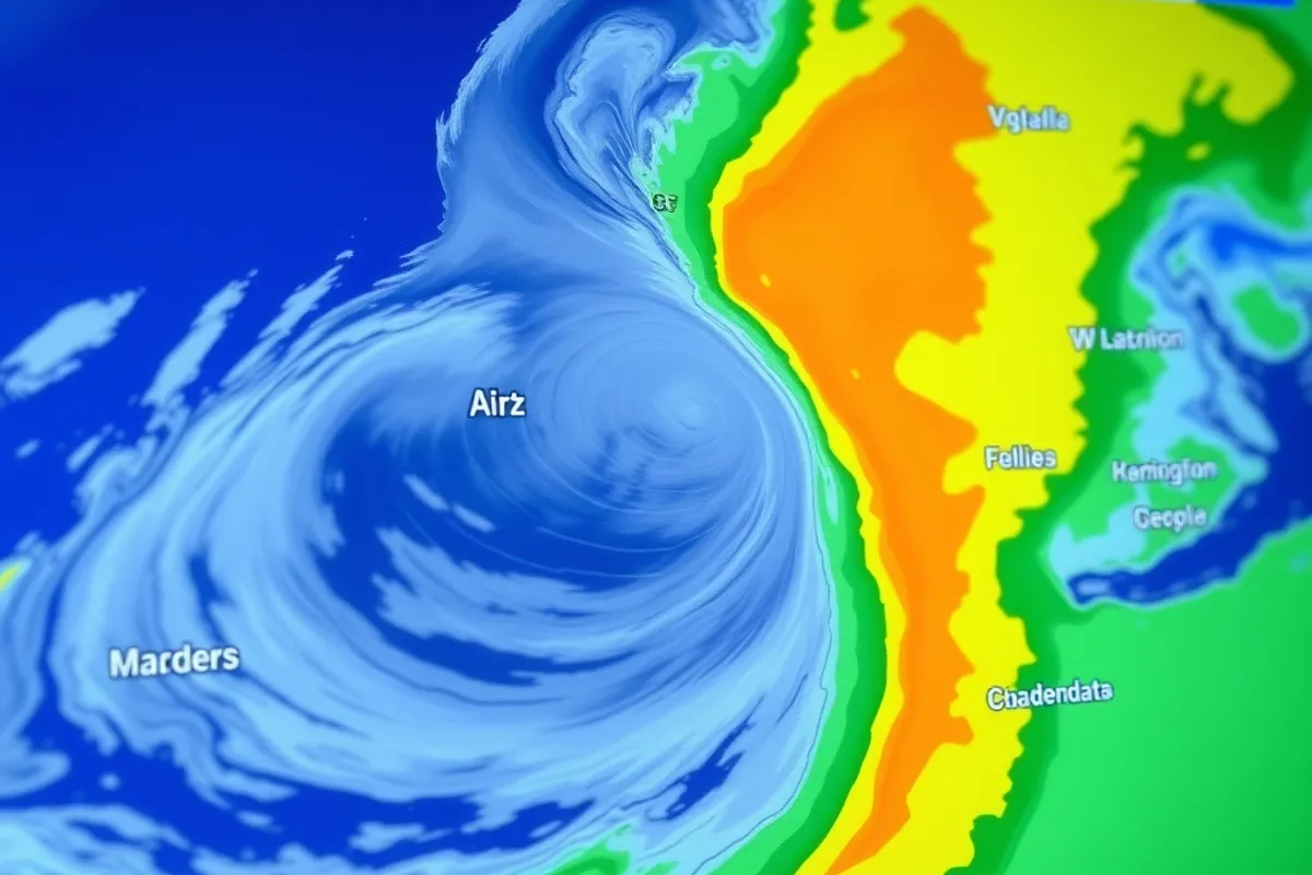 Weather map on a screen showing a storm front moving across a region