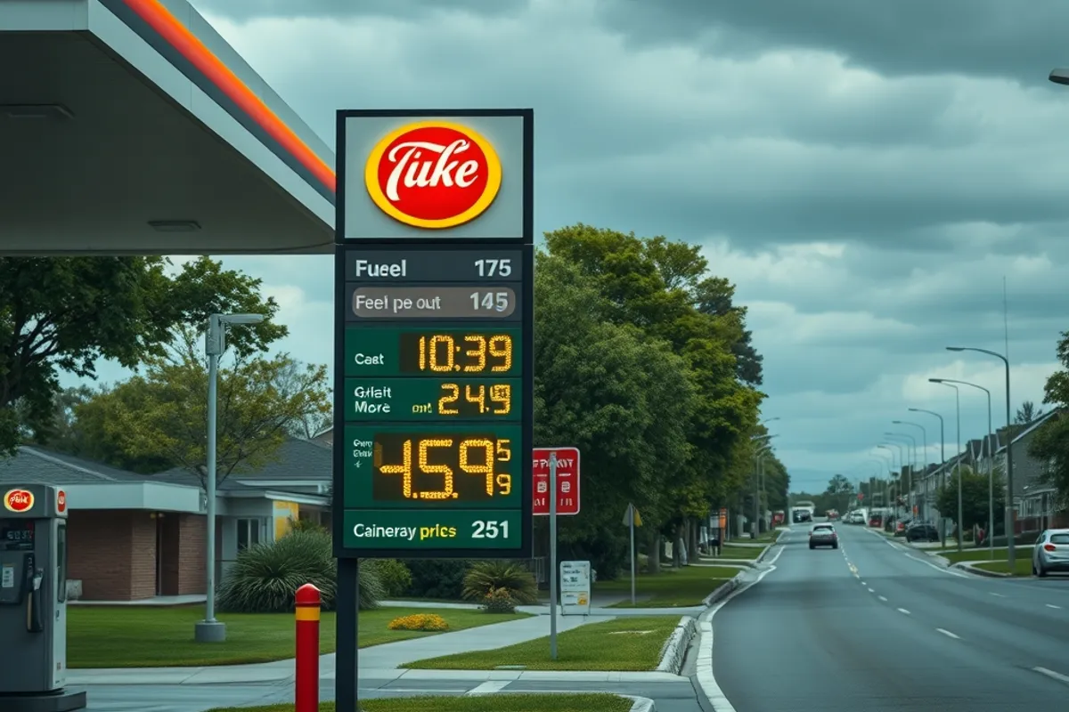 Fuel price sign at a service station on a suburban road
