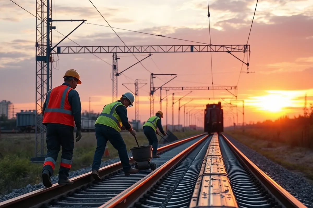 Construction crew laying new rail track at sunrise on a regional corridor