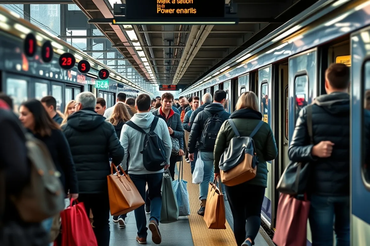 Commuters with bags boarding a regional train during morning rush hour