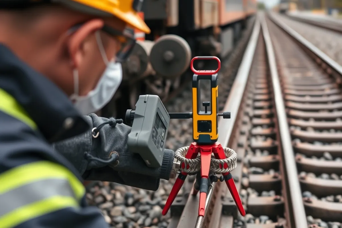 Engineer inspecting rail alignment with measuring equipment beside new track