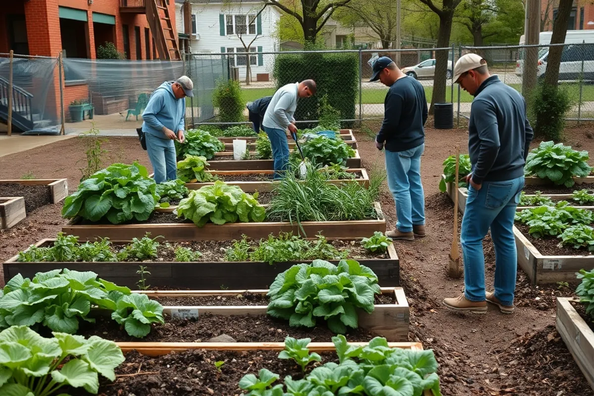 Volunteers tending vegetable beds in a community garden on a city block