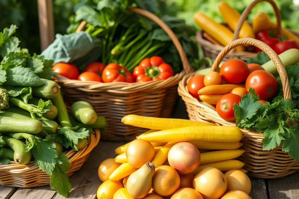Baskets of freshly harvested vegetables on a wooden table at a garden