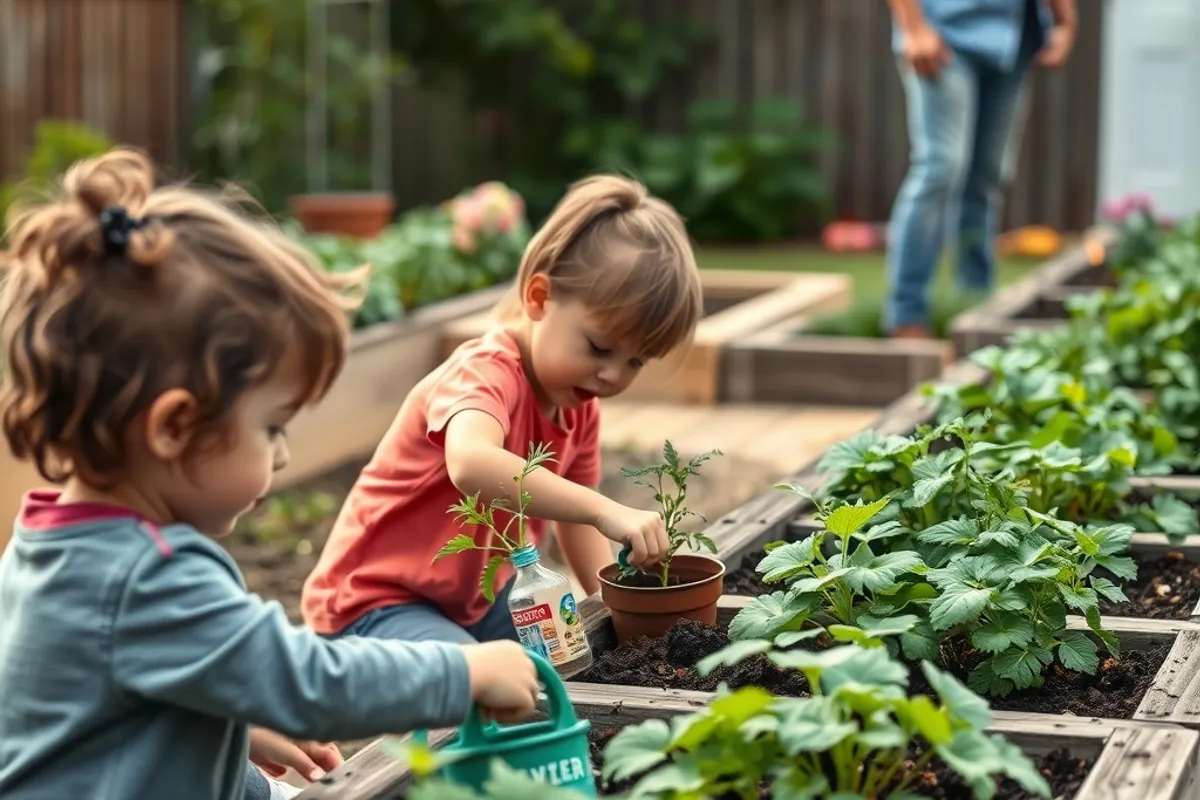 Children watering plants in raised garden beds with adult supervision