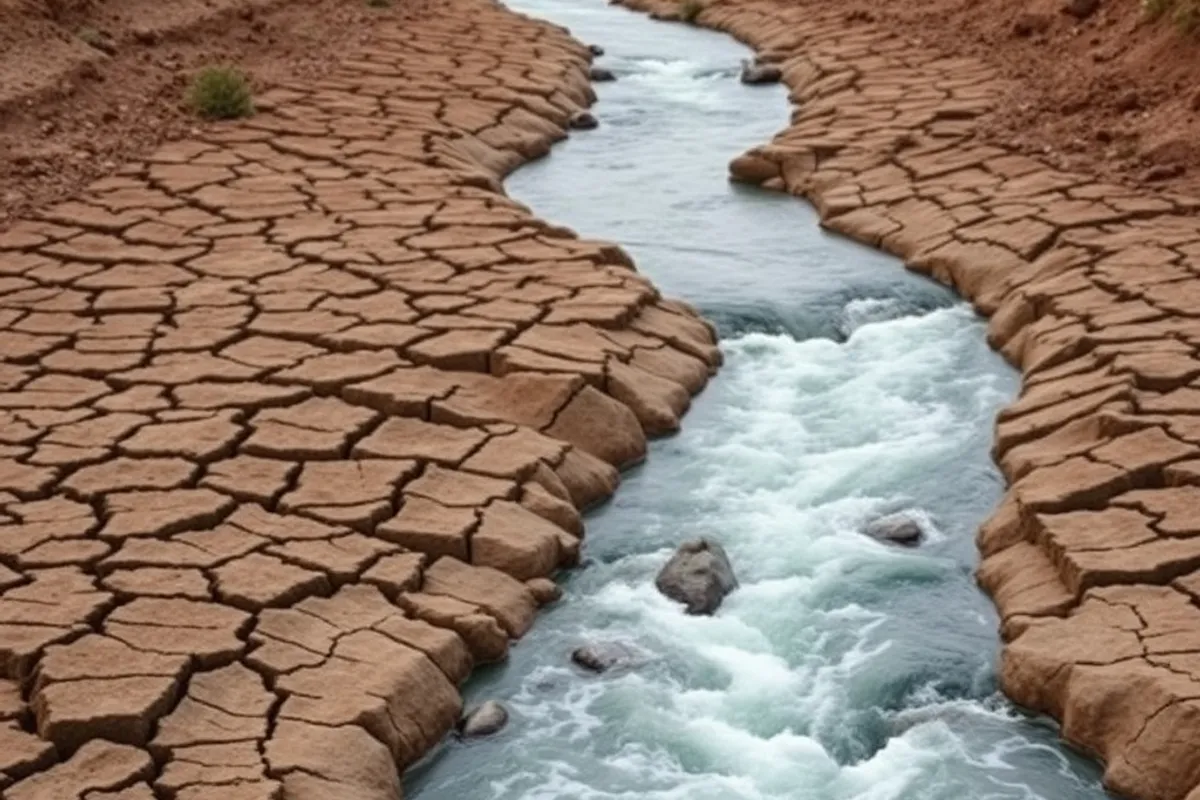 River flowing through a dry landscape with cracked earth at the banks