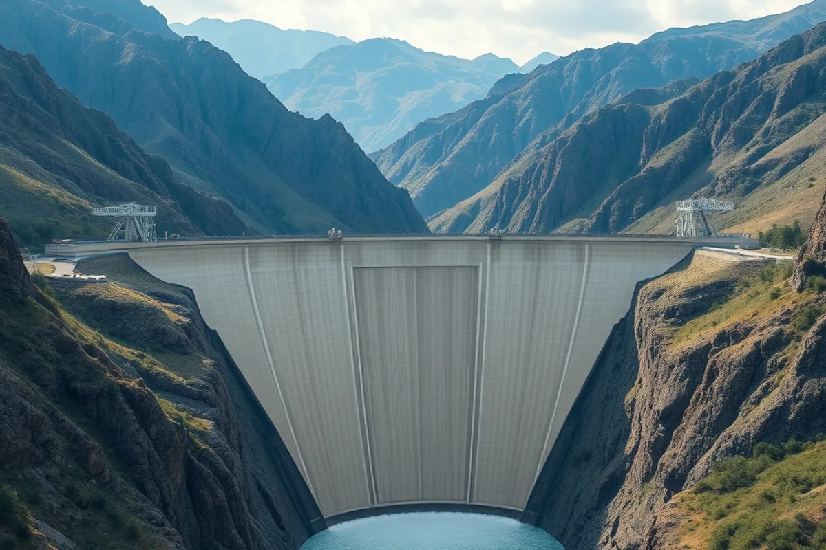 Large dam holding back water in a mountain valley