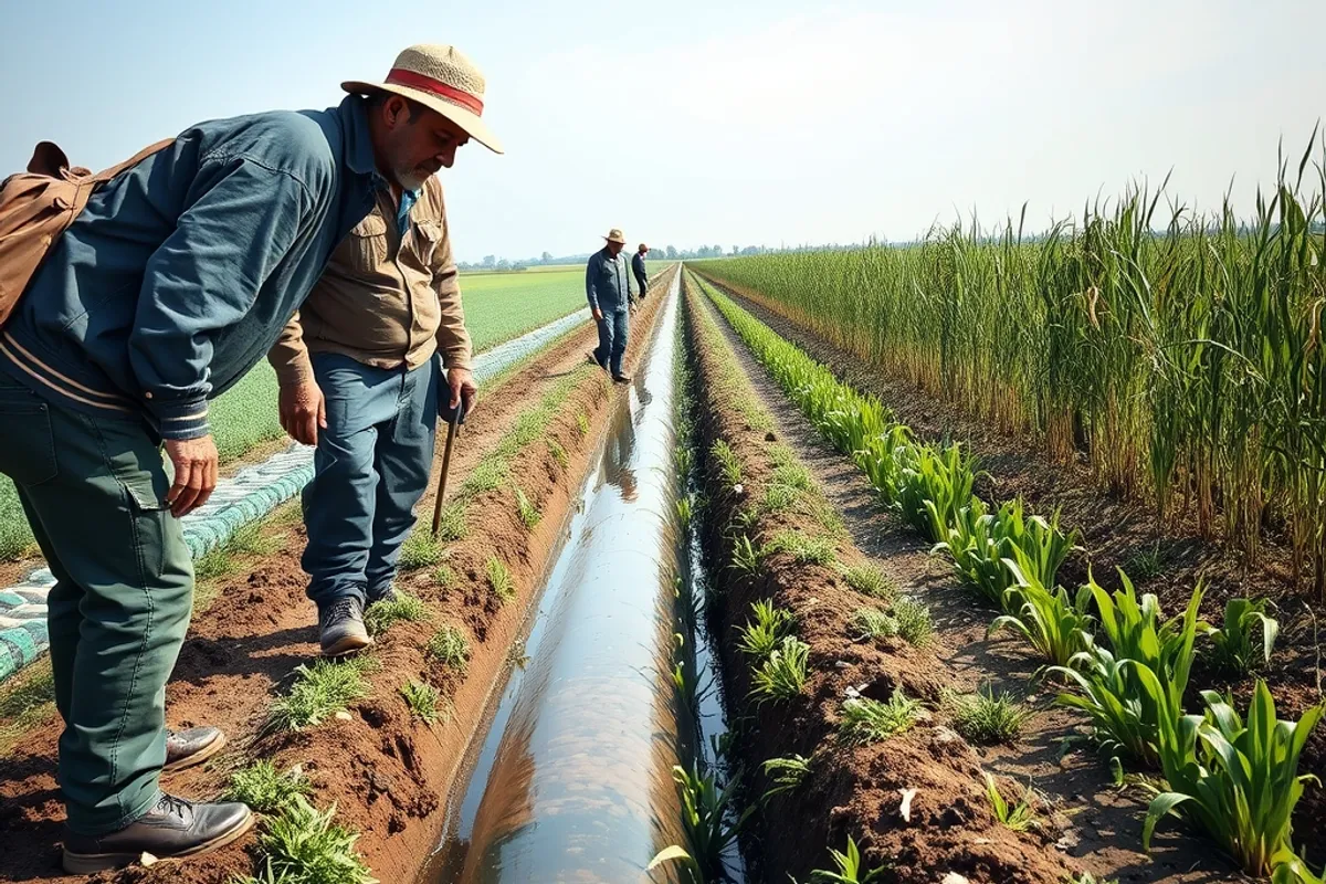 Farmers inspecting an irrigation channel beside a field