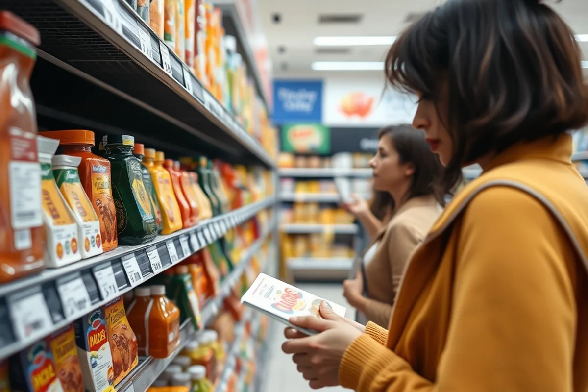 Supermarket shelf with price labels and a shopper comparing products