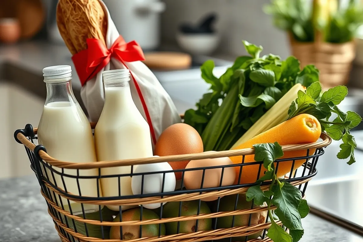 Grocery basket with bread, milk, eggs and vegetables on a kitchen counter