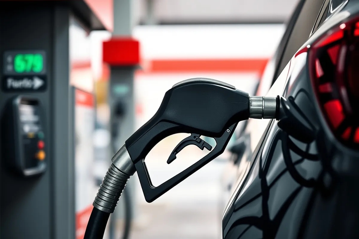 Fuel pump nozzle filling a car at a service station